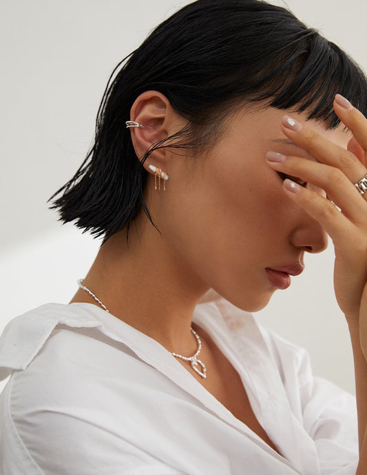 S925 淡水バロックパール リボン&流れるタッセル ピアス