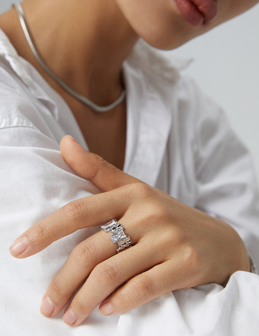 S925 Irregular Square Zirconia Gold Plated Ring