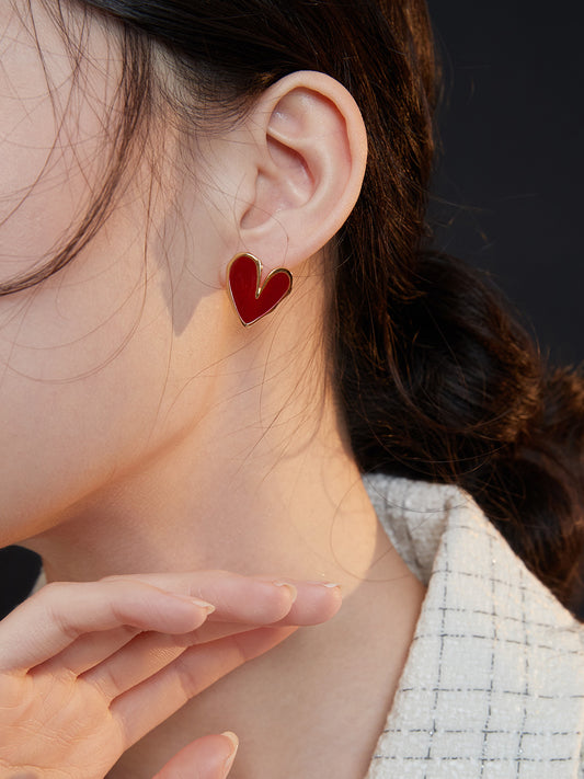 Three-Dimensional Heart Enamel Earrings in Festive China Red