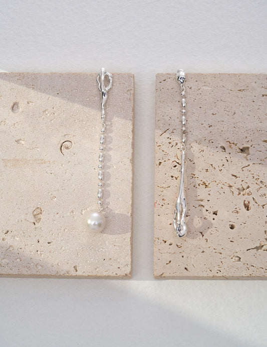 Silver 925 Freshwater Baroque Pearl Fluid Asymmetric Earrings