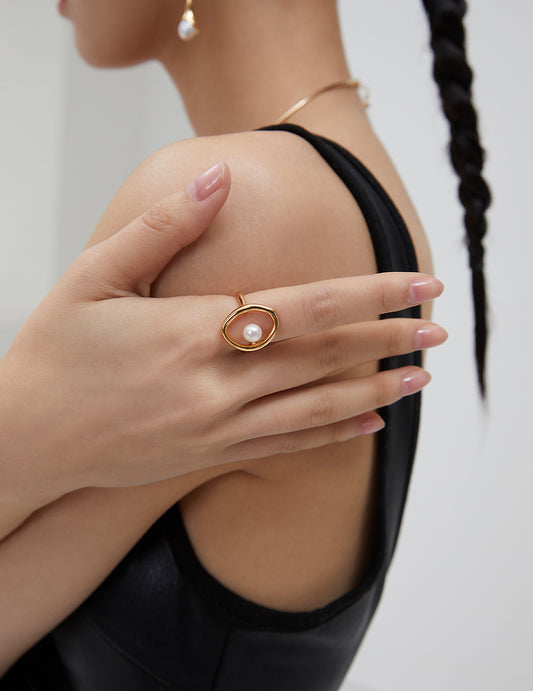 925 Sterling Silver Freshwater Pearl Curved Line Nuance Ring Elegant