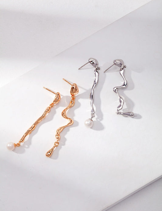 Freshwater Pearl Silver 925 Asymmetrical Streamlined Dangle Earrings
