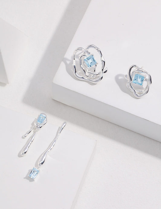 Sterling Silver 925 Liquid Line Natural Topaz Asymmetrical Earrings
