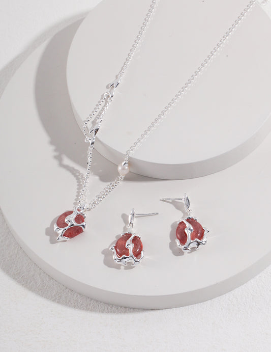 Sterling Silver 925 Strawberry Quartz Modern Chinese Style Earrings