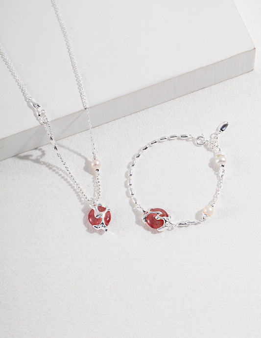 S925 Strawberry Quartz Bracelet Ping An Kou Sunset Glow Design
