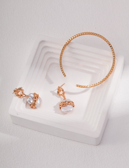 S925 Freshwater Pearl Earrings French Vintage Style Gold Plated E0989