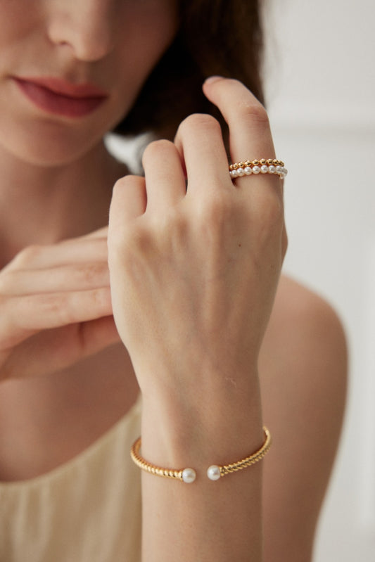 S925 Half-Pearl Two-Tone Ring French Chic