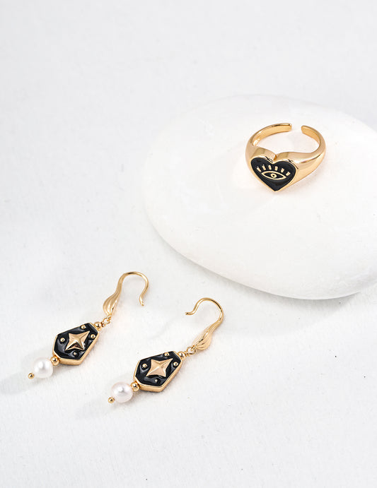 S925 Freshwater Pearl Enamel Vintage Gold Earrings