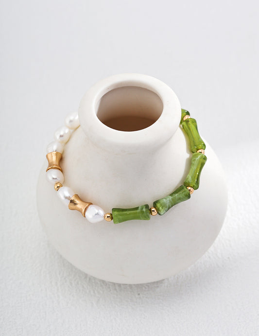 Bamboo Motif Freshwater Pearl Bracelet - Vintage Gold