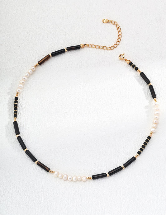 S925 Freshwater Pearl Black Agate Necklace Gold