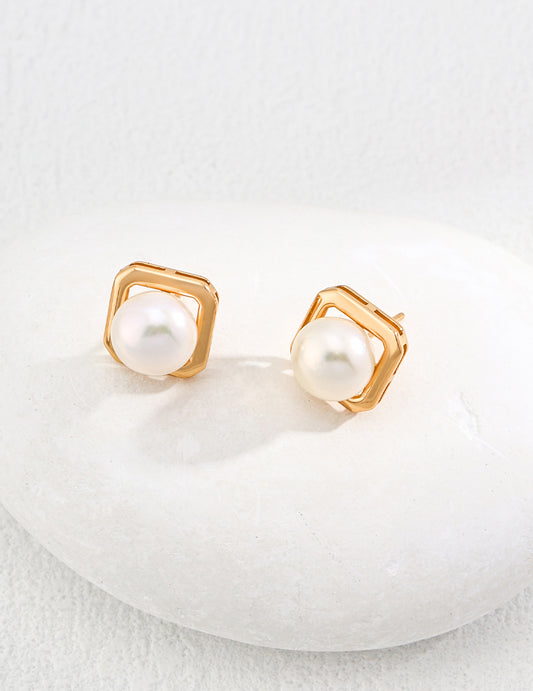 Silver 925 Geometric Freshwater Pearl Earrings: Refined Modern Design