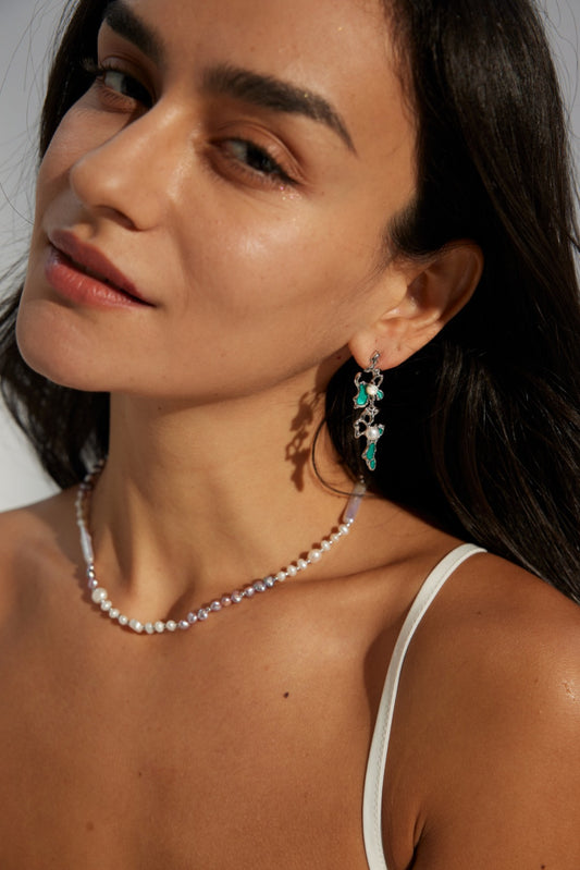 S925 Freshwater Pearl, Shell, Enamel Earrings, White Gold