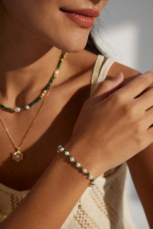 Freshwater Pearl & Synthetic Emerald Bracelet Vintage Gold