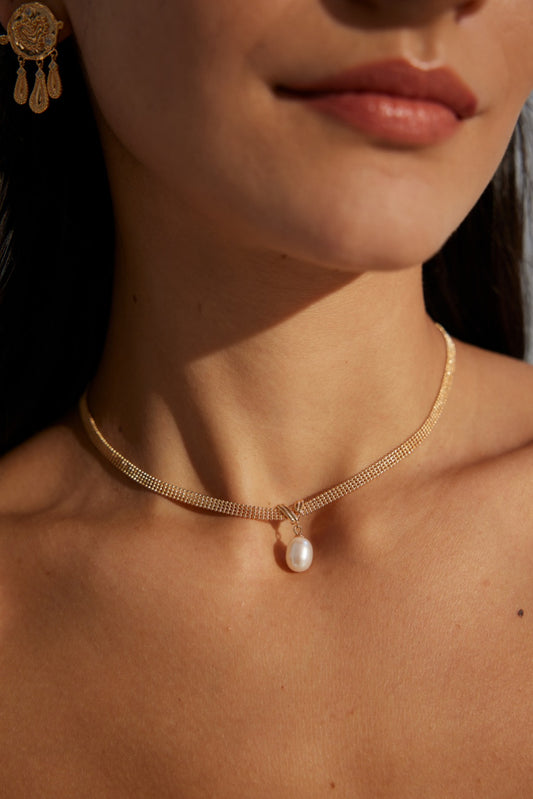 S925 Freshwater Pearl Necklace, Vintage Gold