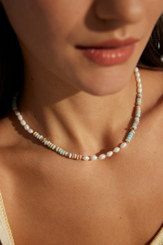 Sterling Silver 925 Freshwater Pearl Shoushan Stone Necklace Vintage Gold