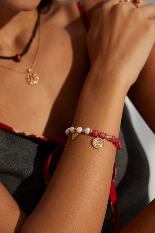 S925 Freshwater Pearl Rhodochrosite Bracelet Elegant Delicate SL0154-2
