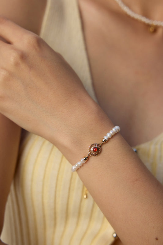 S925 Silver Freshwater Pearl, Black & Red Agate Bracelet