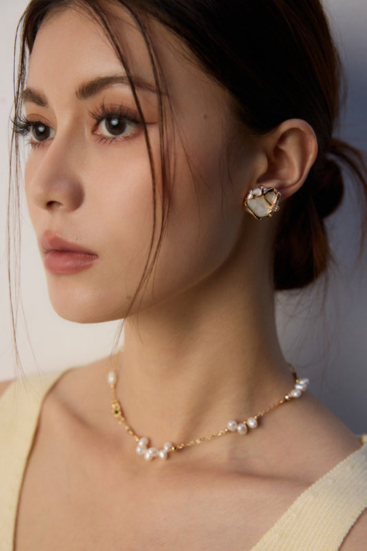 S925 Water Motif Freshwater Pearl Earrings Lucky Item Gold