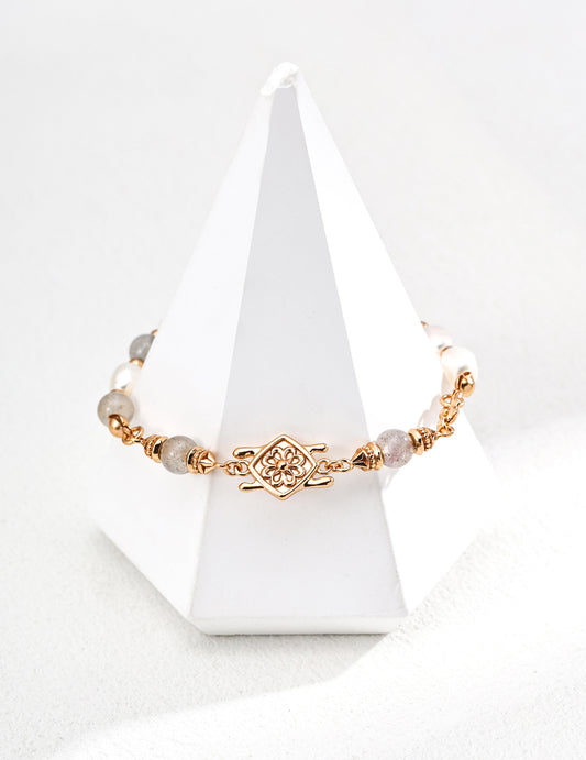 S925 Vintage Style Freshwater Pearl Grey Moonstone Hand-knitted