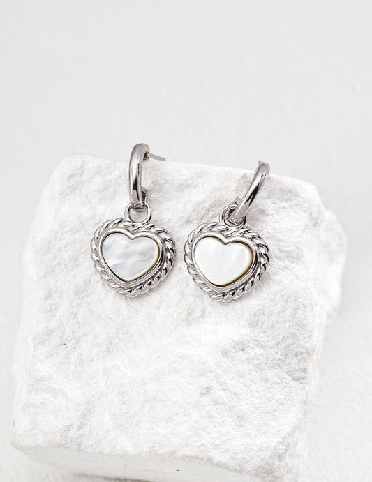 S925 Natural White Mother-of-Pearl Heart Motif Earrings - Vintage-Inspired Elegance