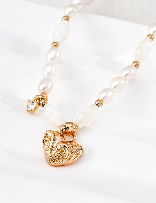 Heart and Arabesque Engraved Shell Freshwater Pearl Necklace