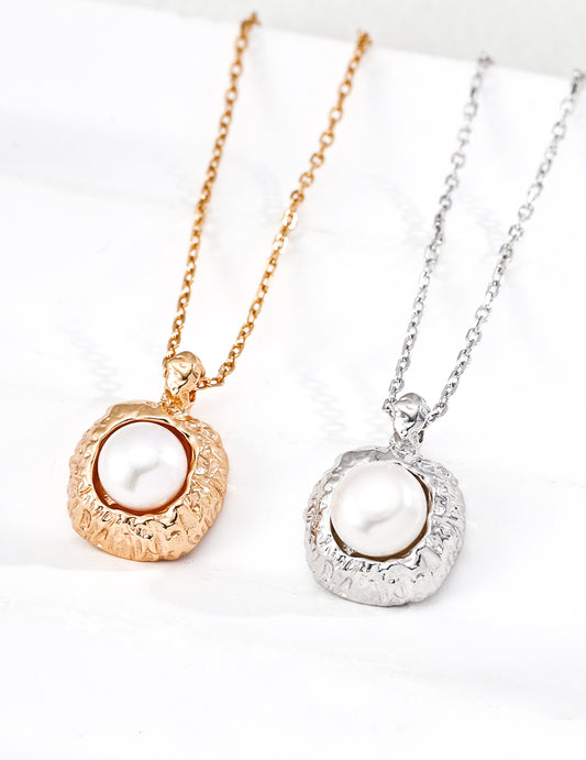 Hand-carved Conglomerate Texture Freshwater Pearl Gold Plated Necklace