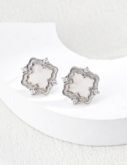 S925 White Shell Zirconia Vintage-Style Earrings