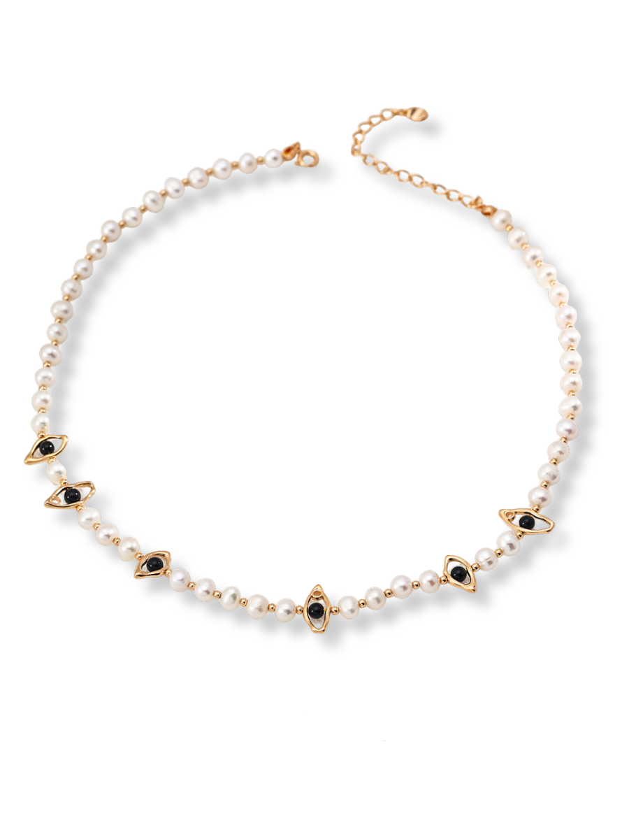 Freshwater Pearl Black Agate Necklace D0588