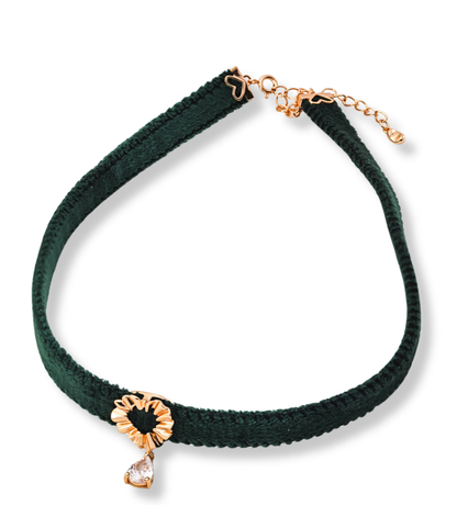 シンプル グリーン ベルベット リボン/ブラック PU ジルコン ネックレス D0585