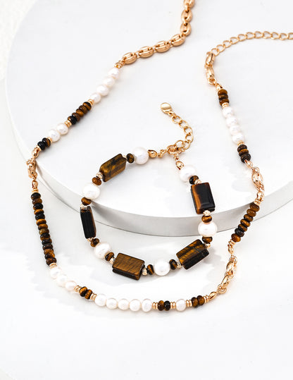 [Caramel] Tiger's Eye and Freshwater Pearl Classic Bracelet