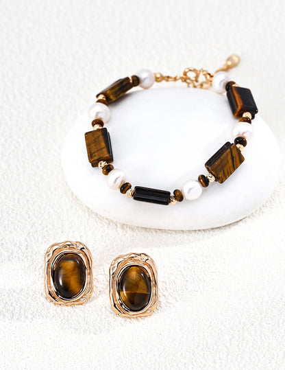 [Caramel] Tiger's Eye and Freshwater Pearl Classic Bracelet