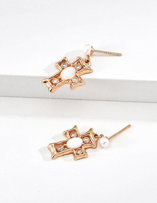 [Cross of Protection] Natural White Mother of Pearl and S925 Shimmering Antique-Style Earrings