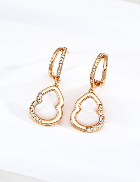 Gourd Earrings Mother of Pearl Tiger's Eye Zirconia Elegant