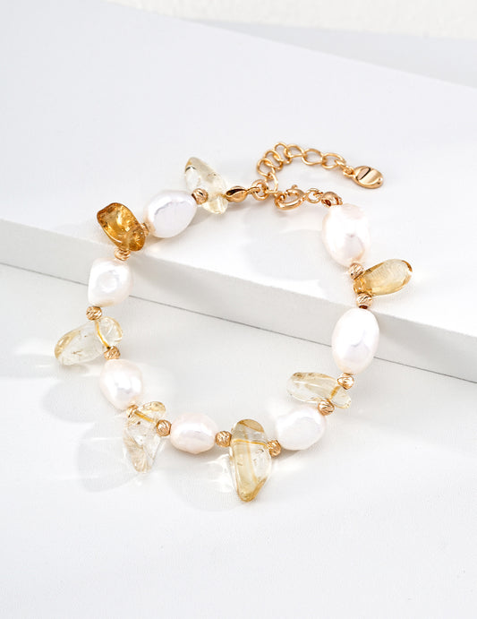 【金運の珠】天然石 水晶×淡水パール ブレスレット 金メッキ