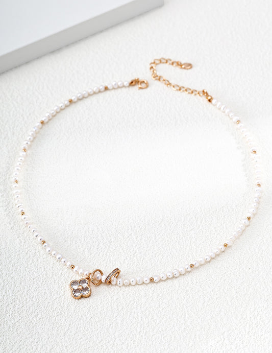 【Four-Leaf Fortune】Freshwater Pearl × Zirconia Clover Necklace