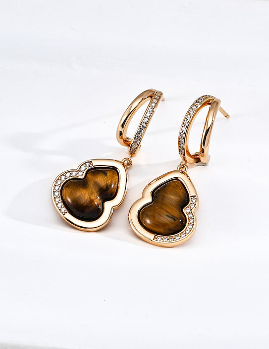 Gourd Earrings Mother of Pearl Tiger's Eye Zirconia Elegant