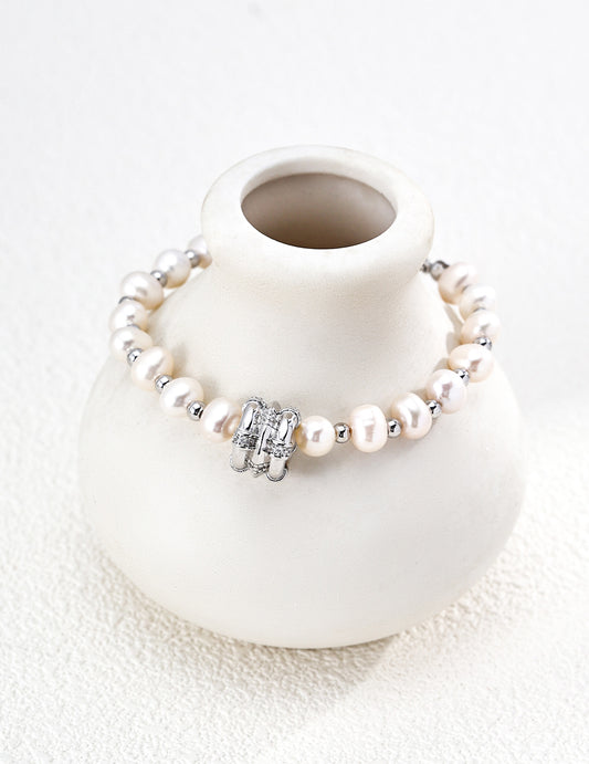 Lucky Star Wheel Motif Freshwater Pearl and Cubic Zirconia Gold Bracelet
