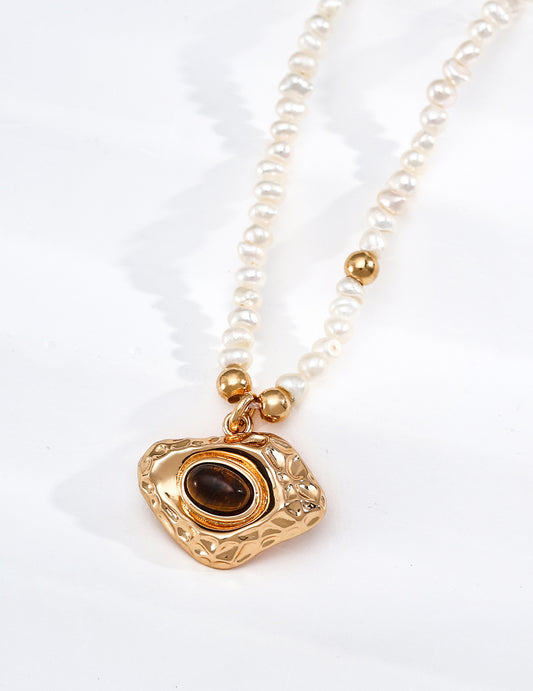 Sterling Silver 925 Tiger Eye and Freshwater Pearl Vintage Necklace