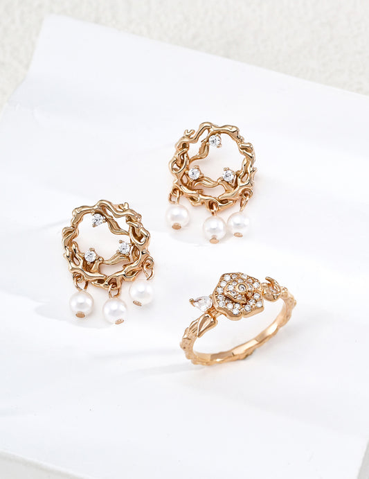Vintage Earrings with Branch Motif, Freshwater Pearls, and Sparkling Zirconia