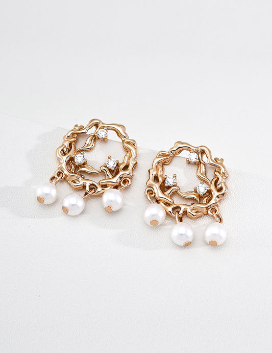 Vintage Earrings with Branch Motif, Freshwater Pearls, and Sparkling Zirconia