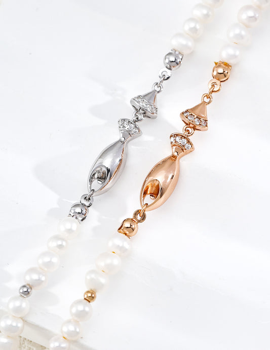 Freshwater Pearl and Zirconia Shimmer Fish Motif Necklace