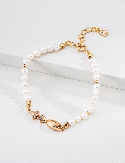 Freshwater Pearl and Zirconia Fish Motif Bracelet for Good Luck