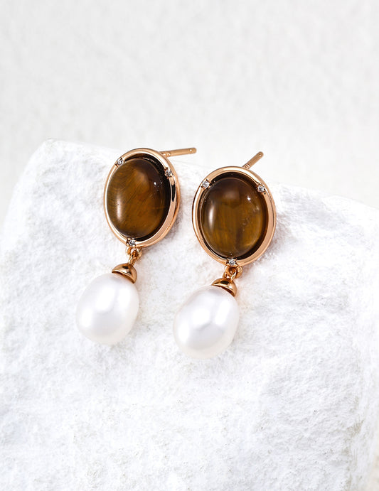 S925 Silver Freshwater Pearl Tiger's Eye Malachite Earrings