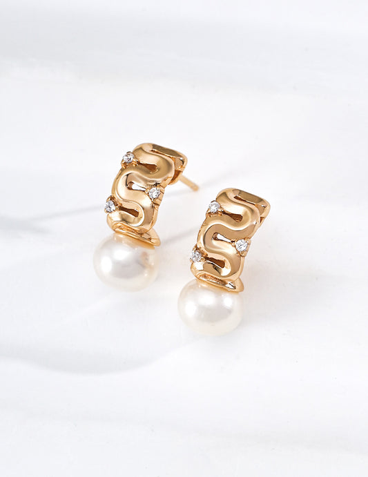Freshwater Pearl Zirconia Geometric Earrings: Stardust Shimmer, Milky Way Line