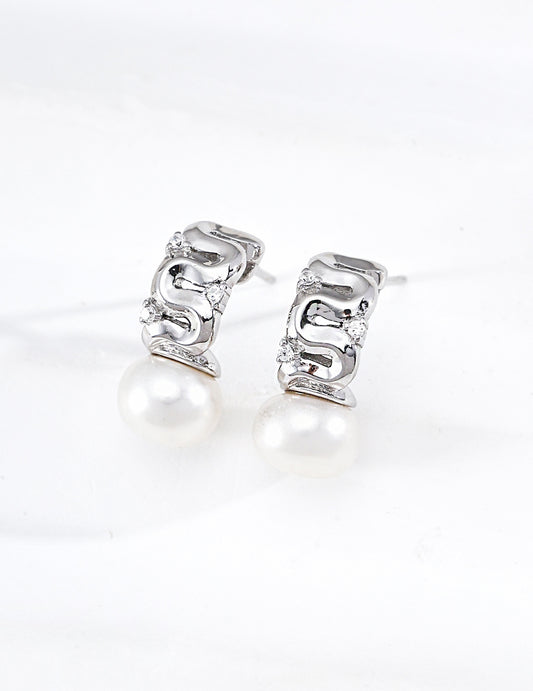 Freshwater Pearl Zirconia Geometric Earrings: Stardust Shimmer, Milky Way Line
