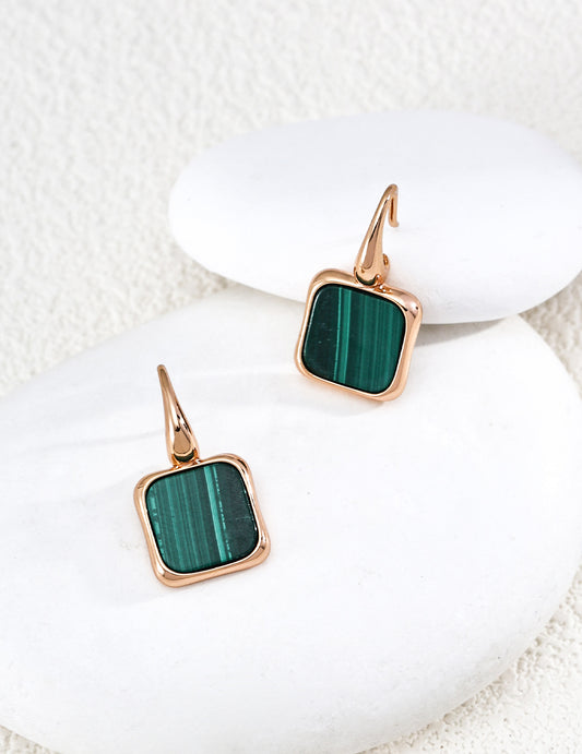Malachite Natural Stone Earrings, Minimalist Design, 18K Gold Plated, Elegant
