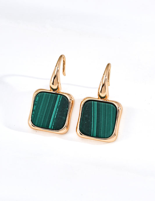 Malachite Natural Stone Earrings, Minimalist Design, 18K Gold Plated, Elegant