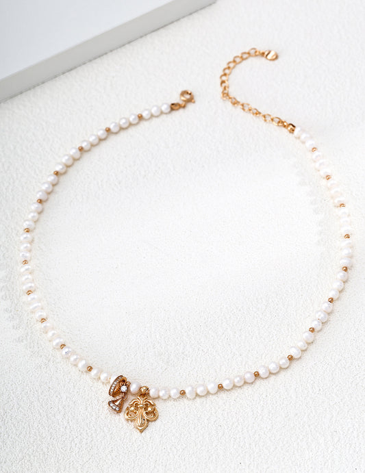S925 Zirconia & Freshwater Pearl Designer Necklace Elegant