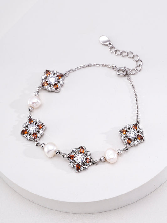 Hōsōge Motif Bracelet, Zirconia, Freshwater Pearl, Antique Style