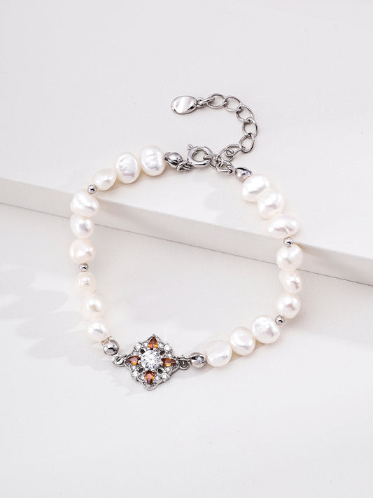 Hōsōge Motif Freshwater Pearl Red Zirconia Bracelet